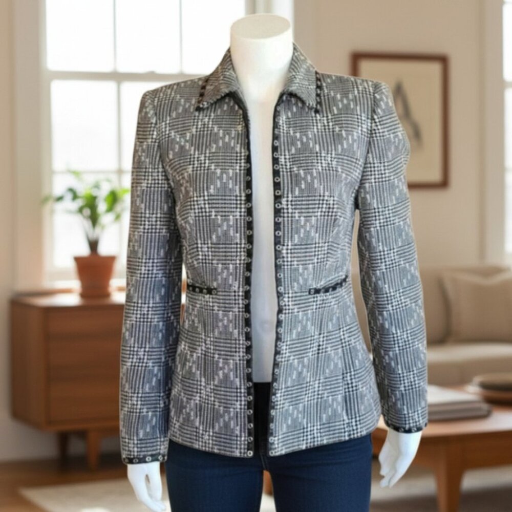 VINTAGE GERMANY Houndstooth Wool Boucle Blazer S Tweed Minimalist Jacket E Luxe - Picture 2 of 16